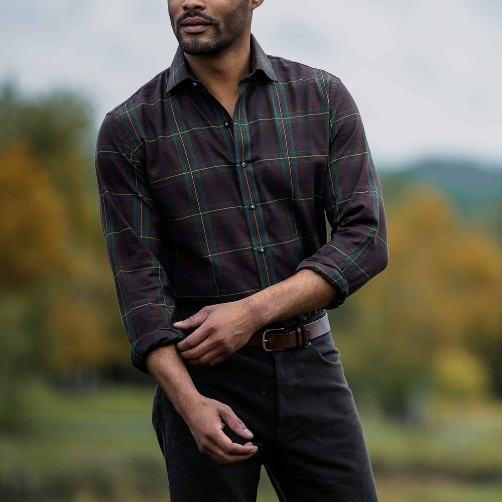 Ledbury Dark Brown Woodly Plaid Custom Button Down Shirt Men's Large Extra Slim